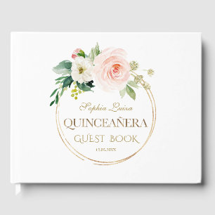 Unique Pink Blush Floral Gold Quinceañera Guest Book
