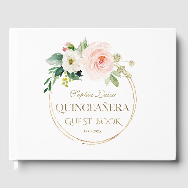 Unique Pink Blush Floral Gold Quinceañera Guest Book (Front)