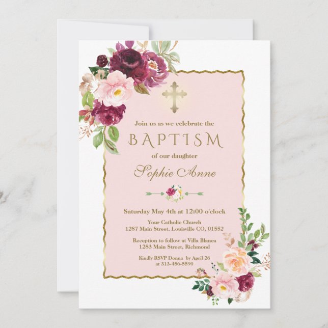 Unique Pink Burgundy Saffron Flowers Gold Baptism Invitation (Front)