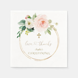 Unique Pink Floral Gold Calligraphy Christening Napkin