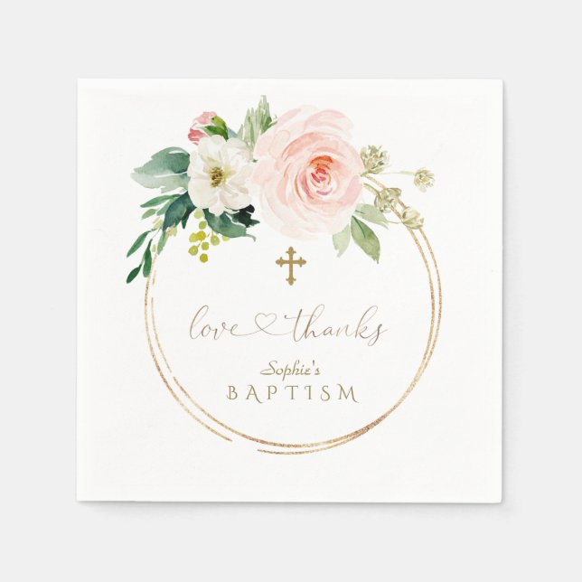 Unique Pink Floral Gold Cross Calligraphy Baptism Napkin (Front)