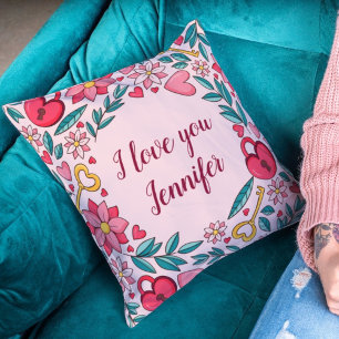 Unique Pink Floral Heart I love You Valentines Cushion