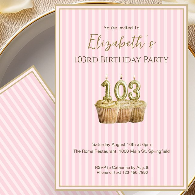 Unique Pink Gold 103rd Birthday Invitation For Her (Creator Uploaded)