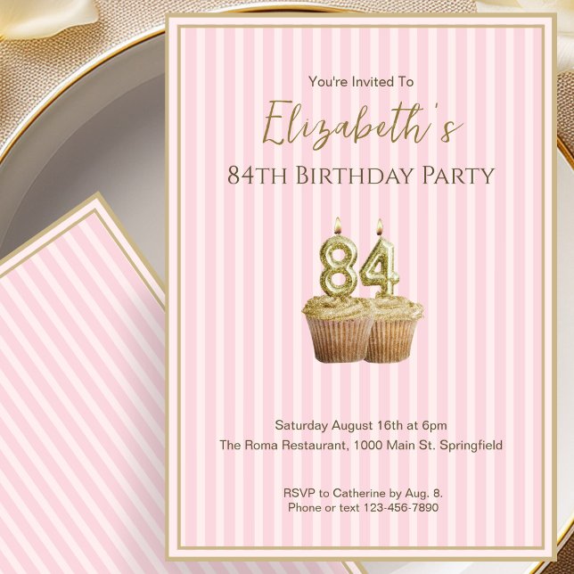 Unique Pink Gold 84th Birthday Invitation For Her (Creator Uploaded)