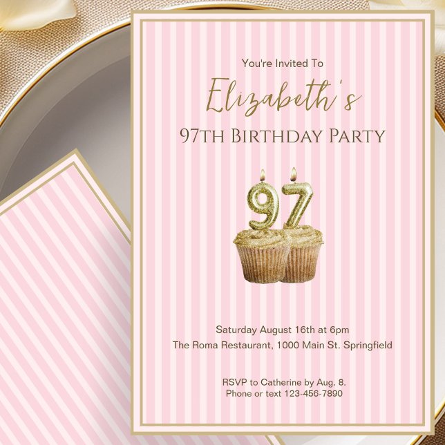 Unique Pink Gold 97th Birthday Invitation For Her (Creator Uploaded)