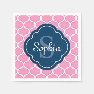 Unique Pink Lattice Pattern Navy Blue Monogram Napkin