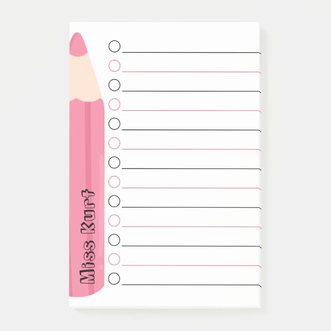 Unique Pink Pencil Lined Personalised Teacher Post-it Notes (Front)