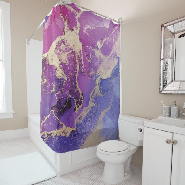 Unique Pink Purple Gold Abstract Shower Curtain (In Situ)