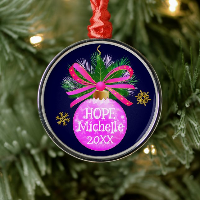 Unique Pink Ribbon Bauble Metal Tree Decoration (Tree)