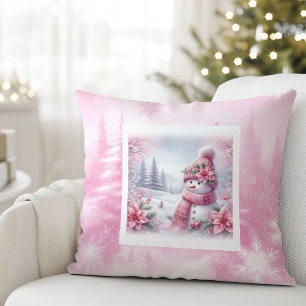Unique Pink Snowman Christmas Scene Kids Holiday   Cushion
