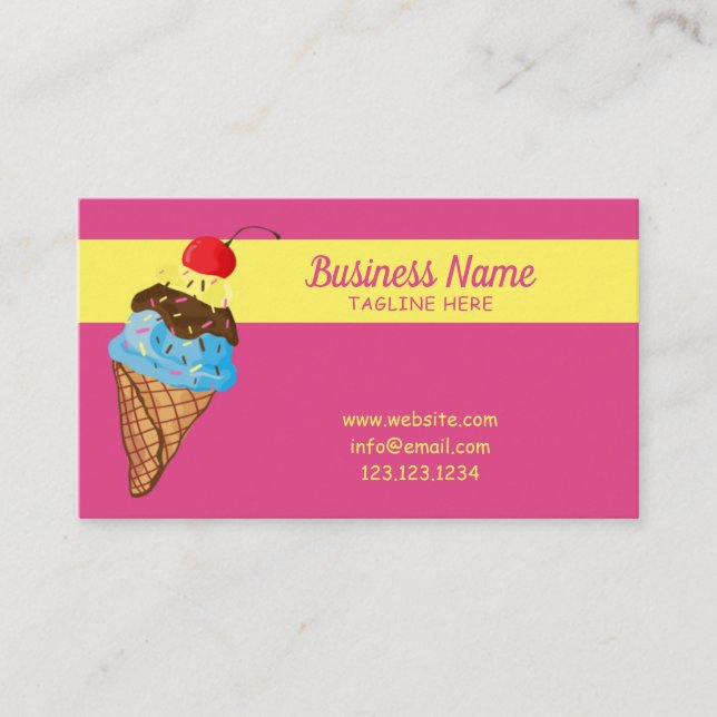 Unique Pink Sprinkles Cherry Ice Cream Cone Business Card (Front)
