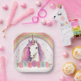 Unique Pink Unicorn, Roses, Rainbow Birthday Paper Plate