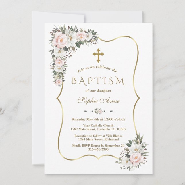 Unique Pink White Flowers Gold Girl Baptism  Invitation (Front)
