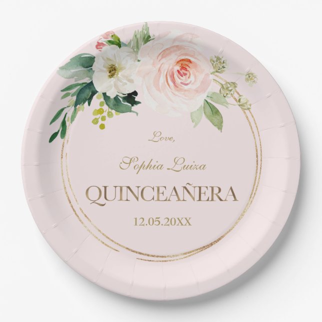 Unique Pink White Flowers Gold Quinceañera Paper Plate (Front)