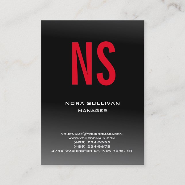 Unique plain simple black grey red monogram business card (Front)