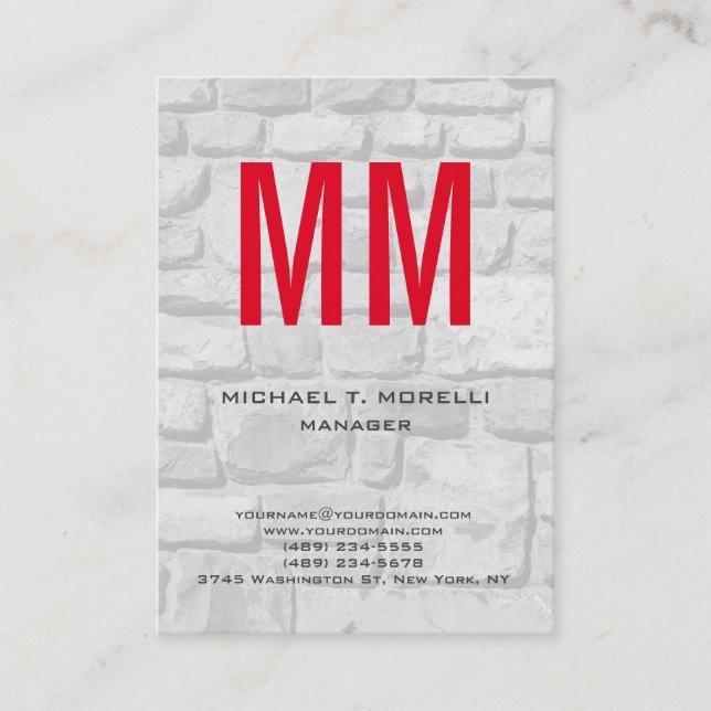 Unique plain simple wall stones red monogram business card (Front)