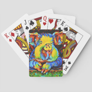 Unique playing cards with a brightly colored pig