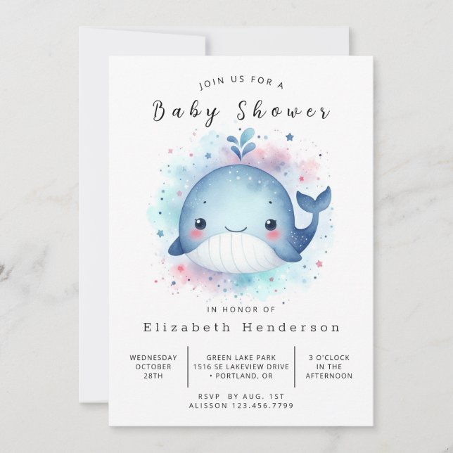 Unique Printable Whale Baby Shower Invitation (Front)