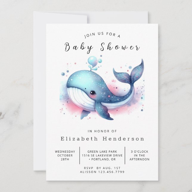 Unique Printable Whale Baby Shower Invitation (Front)