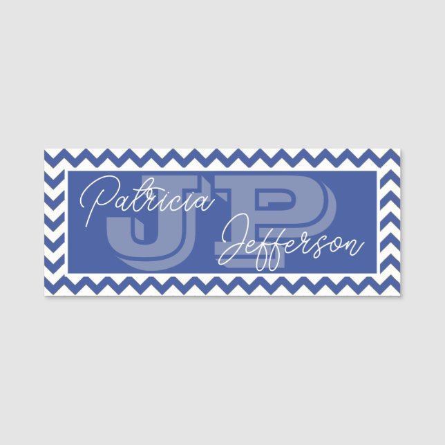 Unique Professional Cerulean Blue Chevron Monogram Name Tag (Front)