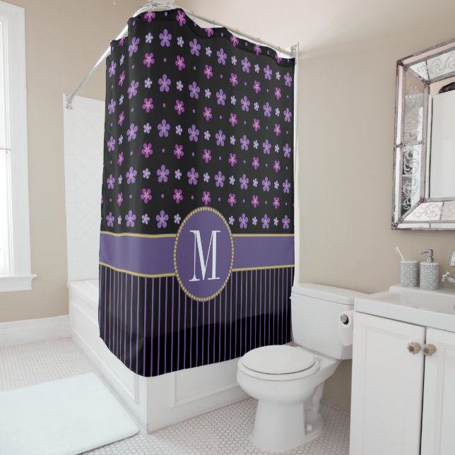 Unique Purple Black Floral Striped Gold Monogram Shower Curtain (In Situ)