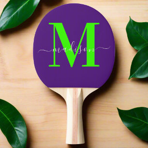 Unique Purple & Bold Neon Green Initial Monogram Ping Pong Paddle