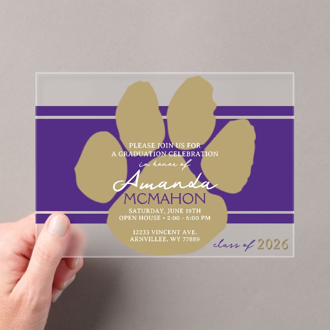Unique Purple & Bronze Gold Graduation Pawprint Acrylic Invitations (Insitu (Handheld))