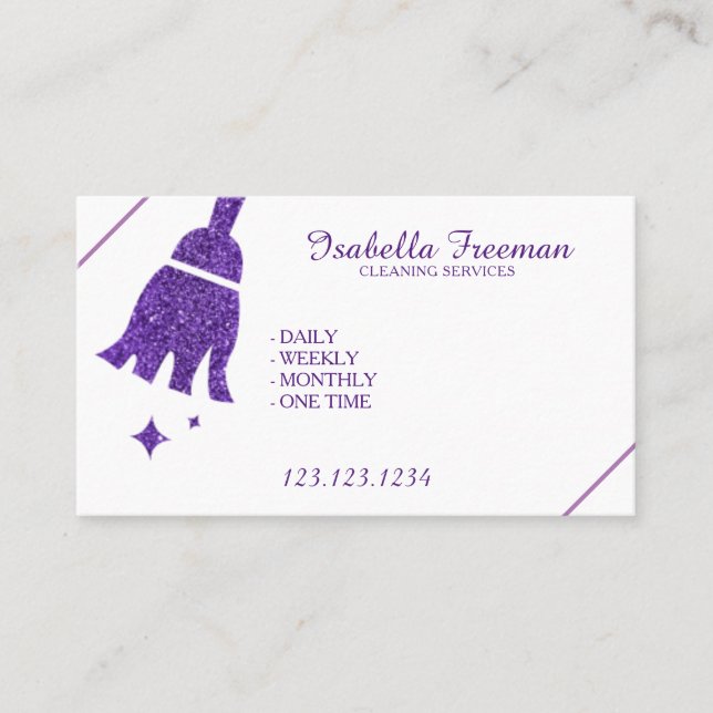 Unique Purple Glitter Maid House Cleaning Service Business Card (Front)