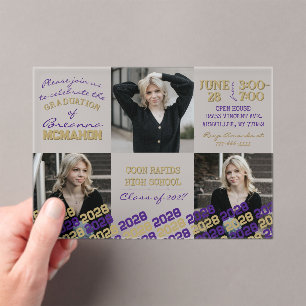 Unique Purple & Gold Graduation 3 Photo Frosted Acrylic Invitations