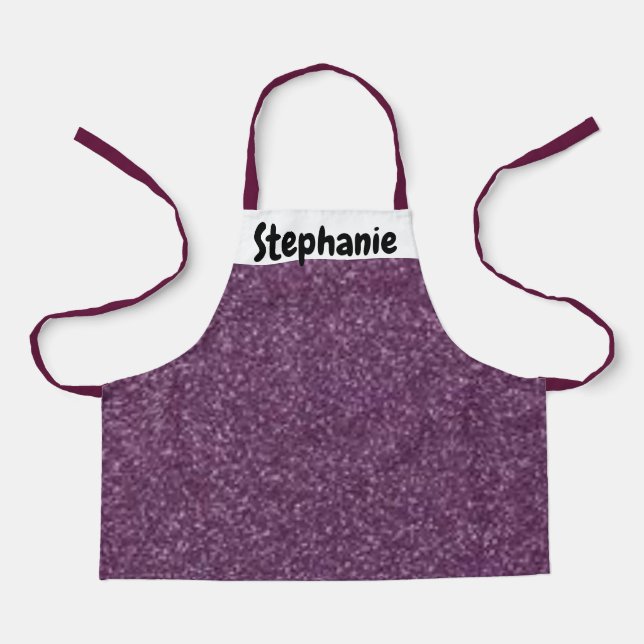 Unique Purple & White Sparkly Kids Custom Name Apron (Front)