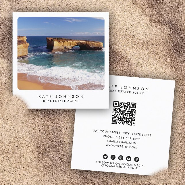 Unique Real Estate Agent Beach Ocean Full Photo  Square Business Card (Unique Real Estate Agent Beach Ocean Full Photo Square Business Card)