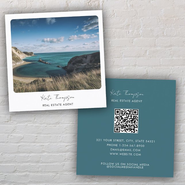 Unique Real Estate Agent Beach Ocean Photo Script Square Business Card (Unique Real Estate Agent Beach Ocean Photo Script Square Business Card)