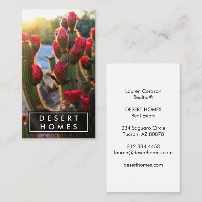 Unique Real Estate Agent Red Cactus Flower Photo Business Card (Front/Back)