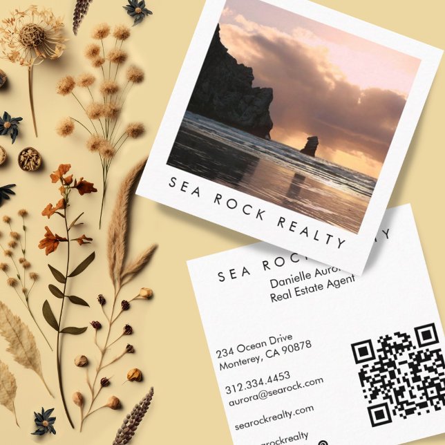 Unique Real Estate Agent Rocks Beach Photo QR Code Square Business Card (Custom photography business cards with social media icons and QR code. Beach sunset)
