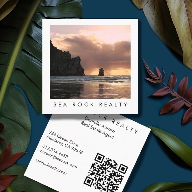 Unique Real Estate Agent Rocks Beach Photo QR Code Square Business Card (Photography custom business cards with QR code. Beach ocean sea rocks)