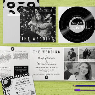 Unique Record Album Cover B&W Photo Wedding  Tri-Fold Invitation