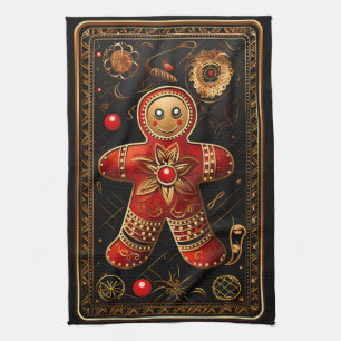 Unique Red and Gold Gingerbread Man Abstract Chris Tea Towel