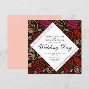 Unique Red Black Abstract One Line Art Wedding Invitation