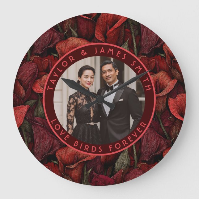 Unique Red Calla Lilies Fantasy Countryside Weddin Large Clock (Front)