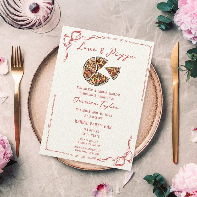 Unique Red Hand Drawn Bridal Brunch Love and Pizza Invitation (hand drawn cartoon pizza bridal shower invitation with bow border)