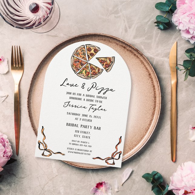 Unique Red Hand Drawn Bridal Brunch Love and Pizza Invitation (hand drawn cartoon pizza bridal shower invitation with bow border)