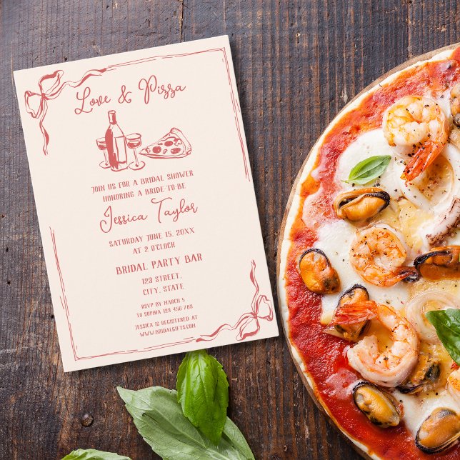 Unique Red Hand Drawn Bridal Brunch Love & Pizza Invitation (Creator Uploaded)