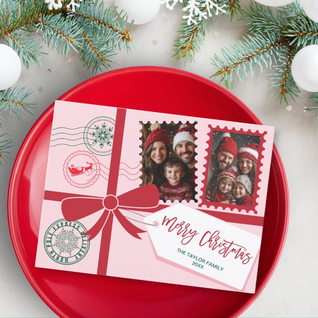 Unique Red Pink Gift Bow Photo Merry Christmas Holiday Postcard (christmas card designed to look like a gift with a ribbon and bow)