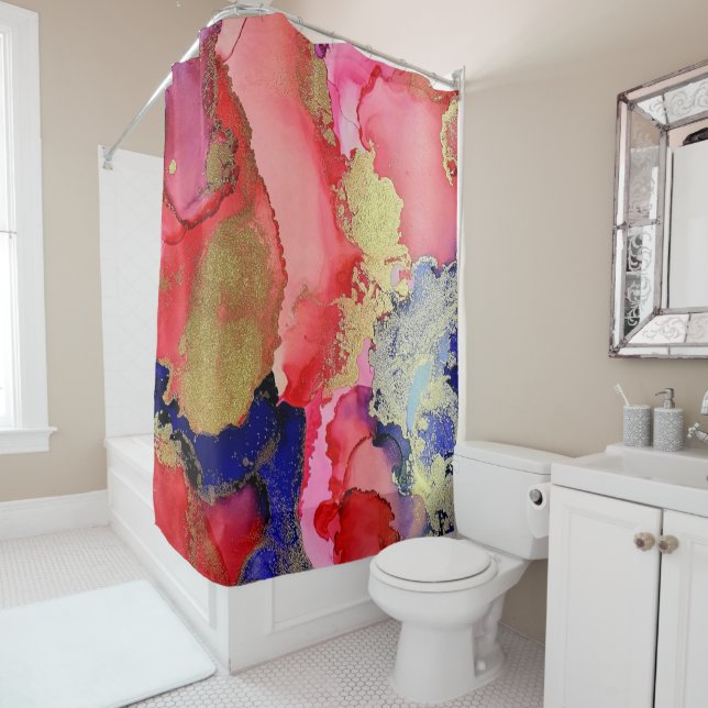 Unique Red Pink Purple Gold Metallic Shower Curtain (In Situ)