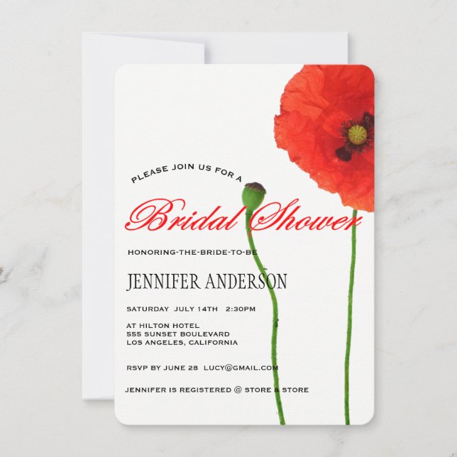 Unique Red Poppy Floral Simplicity Bridal Shower Invitation (Front)