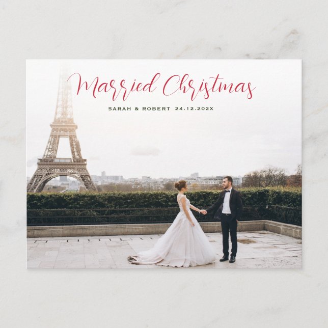 unique red script holiday wedding announcement postcard (Front)