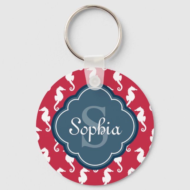 Unique Red Seahorse Pattern Blue Monogram Key Ring (Front)
