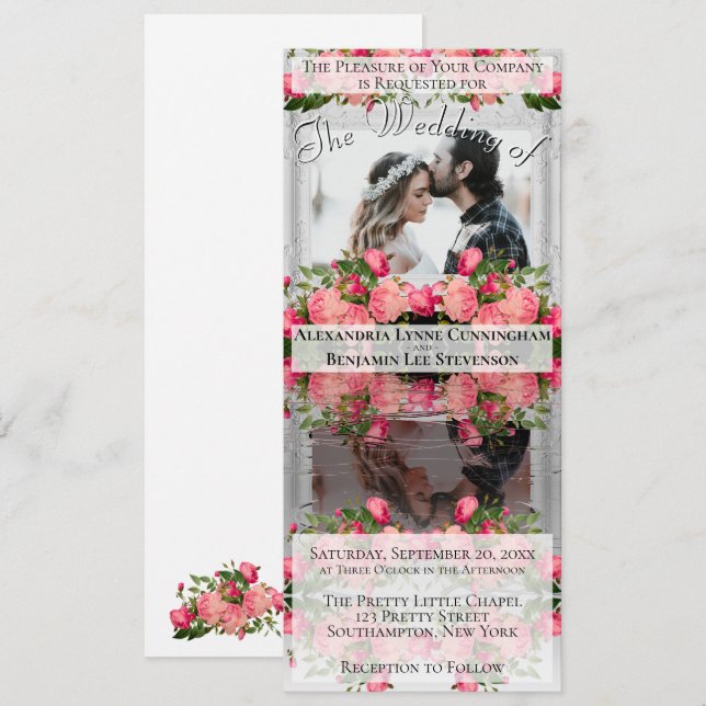 Unique Reflecting Photo Boho Pink Floral Wedding Invitation (Front/Back)