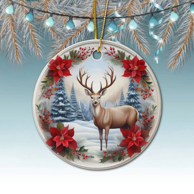 Unique Reindeer, Winter Scene Poinsettias, Deer 🦌 Ceramic Tree Decoration (Reindeer, Deer Antlers, Floral Fawn, Doe, Poinsettia Flowers Winter Scene Ornament Front/Back 🦌🎄)