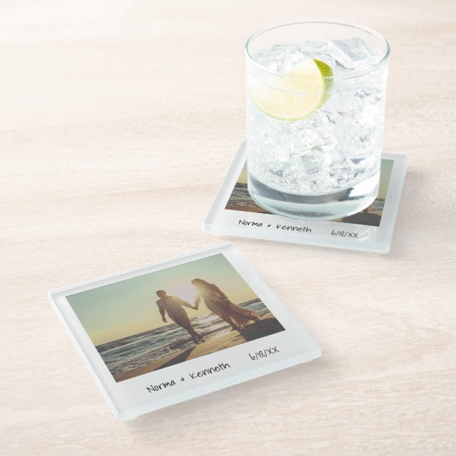 Unique Retro Instant Photo Wedding Glass Coaster (Angled)